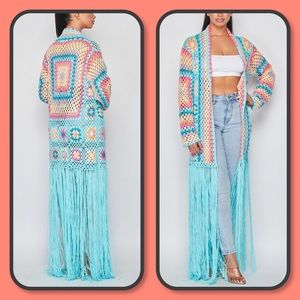 Number 1 Blue Multicolor Fringe Crochet Cardigan